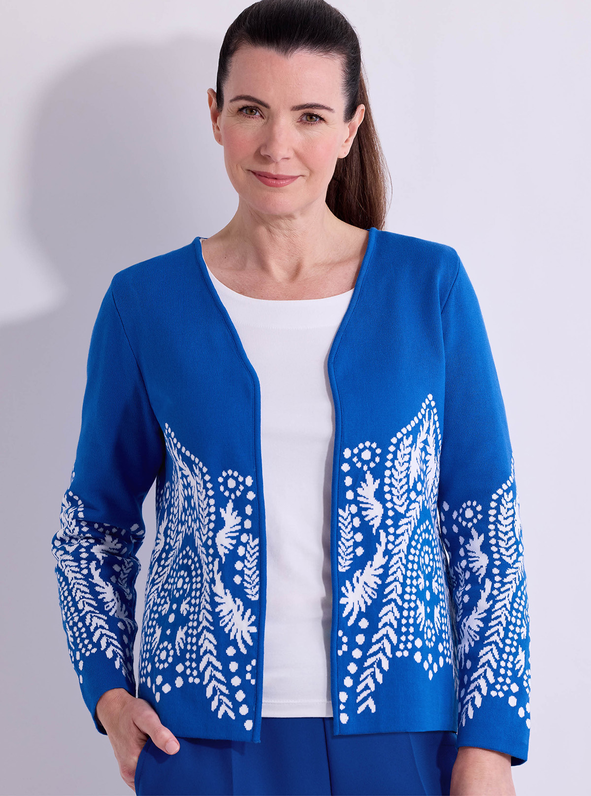 Organic Cotton Jacquard Cardigan in Cobalt | Knitwear | David Nieper